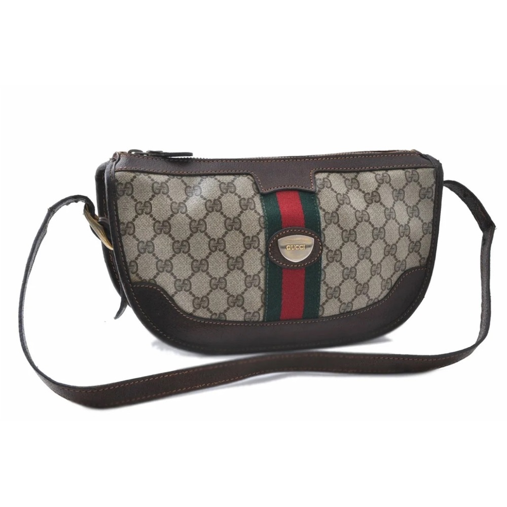 Auth GUCCI Web Sherry Line Shoulder Cross Body Bag GG PVC Leather Brown B8228
